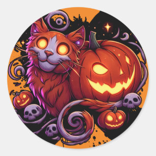 Mystical Cat & Glowing Pumpkins Classic Round Sticker