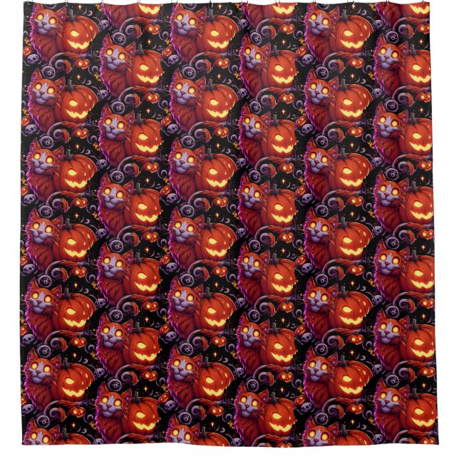 Mystical Cat & Glowing Pumpkins Shower Curtain (Front)