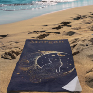 Mystical Cat Moon - Personalised Celestial Gift Beach Towel