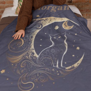 Mystical Cat Moon - Personalised Celestial Gift Fleece Blanket
