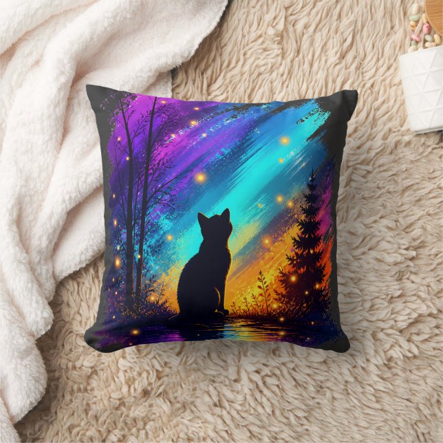 Mystical Cat Northern Lights Cushion (Blanket)