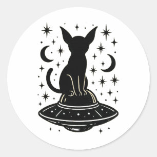 Mystical Cat on UFO with Stars & Moons Classic Round Sticker