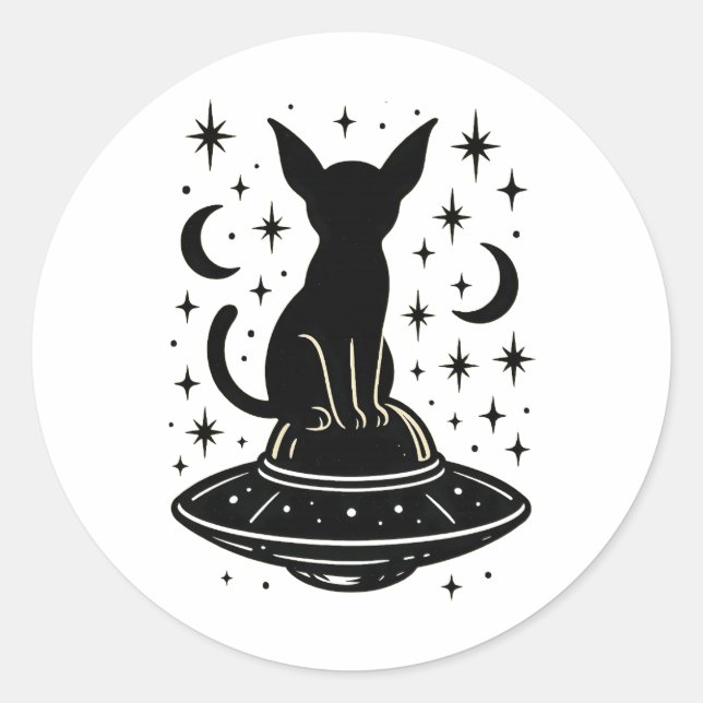 Mystical Cat on UFO with Stars & Moons Classic Round Sticker (Front)