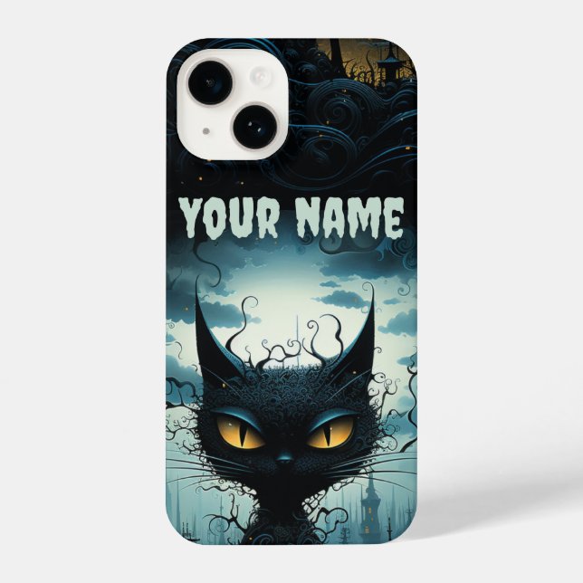 Mystical Cat Overlook: Enchanted Cityscape iPhone Case (Back)