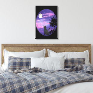Mystical Cat Under Moon – Dreamy Purple Night Wate Canvas Print