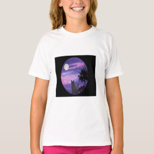 Mystical Cat Under Moon – Dreamy Purple Night Wate T-Shirt