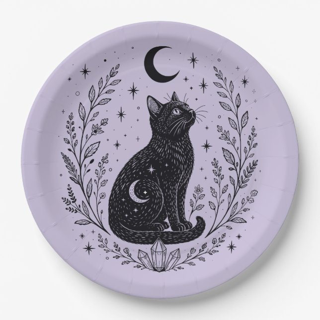 Mystical cat under the moon paper plate (Front)