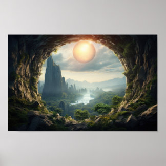 Mystical Cave Sunrise Landscape Poster