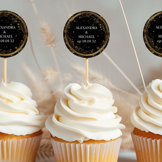 Mystical Celestial Black and Gold Wedding Classic Round Sticker (Creator Uploaded)