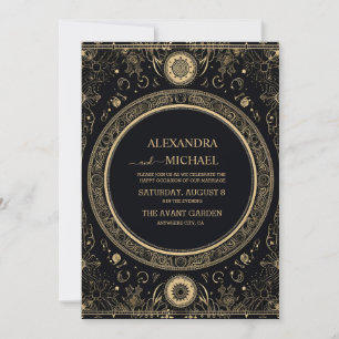 Mystical Celestial Black and Gold Wedding Invitation