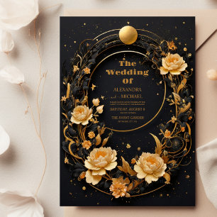 Mystical Celestial Black and Gold Wedding Invitation