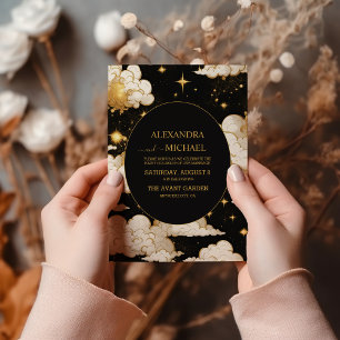 Mystical Celestial Black and Gold Wedding Invitation