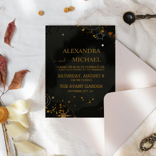 Mystical Celestial Black and Gold Wedding Invitation