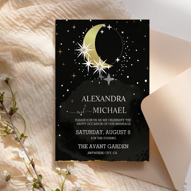 Mystical Celestial Black and Gold Wedding Invitation (Creator Uploaded)