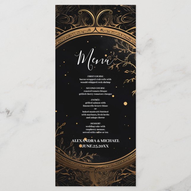 Mystical Celestial Black and Gold Wedding Menu (Front)