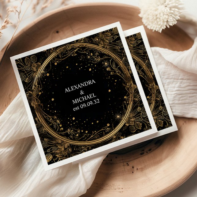 Mystical Celestial Black and Gold Wedding Napkin (Creator Uploaded)