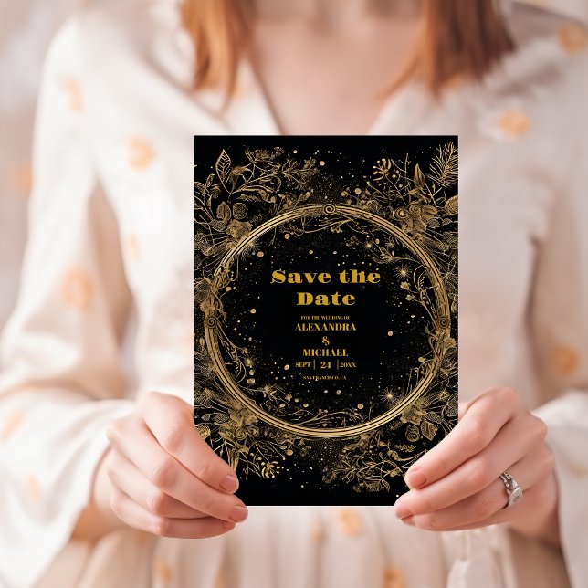 Mystical Celestial Black and Gold Wedding Save The Date (Creator Uploaded)