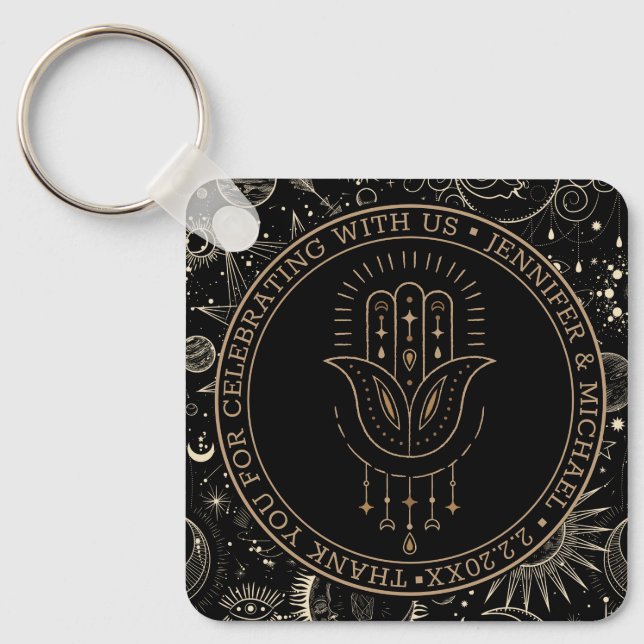  mystical celestial black gold wedding thank you key ring (Front)