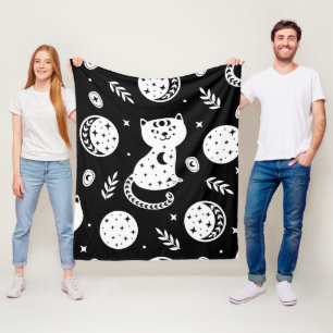Mystical Celestial Cat Pattern in Black & White Fleece Blanket