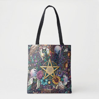 Mystical Celestial Dreamer Design Pentagram Witchy Tote Bag