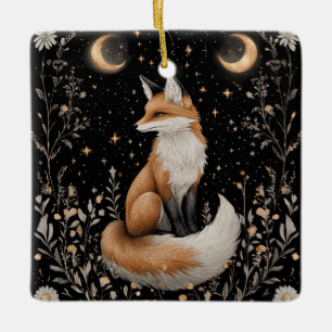 Mystical Celestial Fox and Flowers Ceramic Ornament