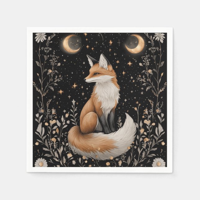Mystical Celestial Fox and Flowers Napkin (Front)