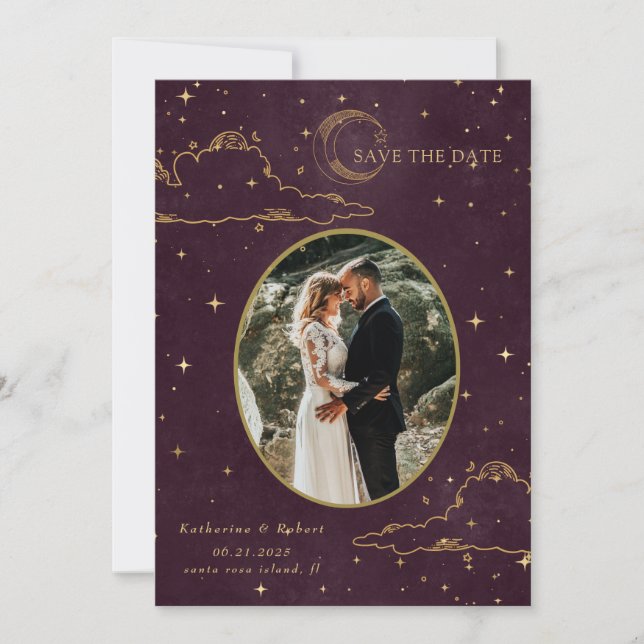 Mystical Celestial Gold Moon Clouds Wedding Save The Date (Front)