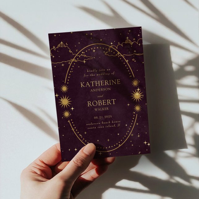 Mystical Celestial Gold Moon Star Burgundy Wedding Invitation (Creator Uploaded)