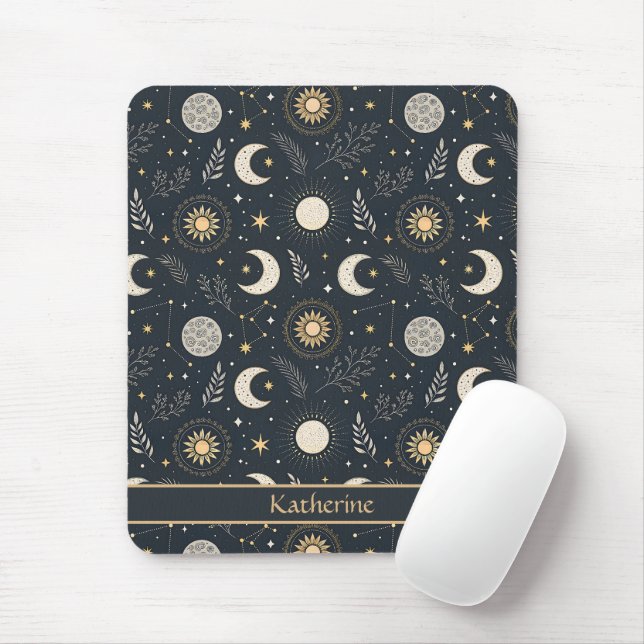 Mystical Celestial Moon Pattern Custom Name Mouse Mat (With Mouse)