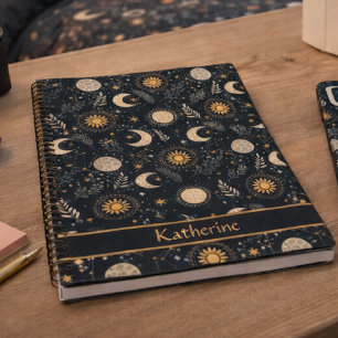 Mystical Celestial Moon Pattern Custom Name Notebook