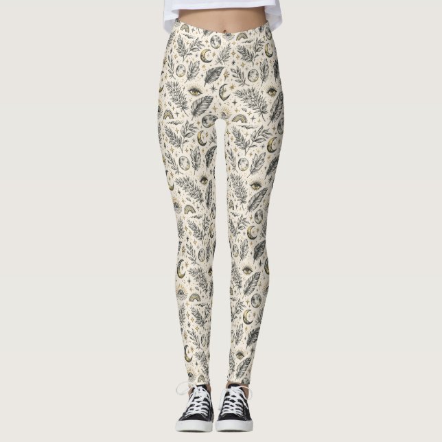 Mystical Celestial Moon Stars Pattern Leggings (Front)