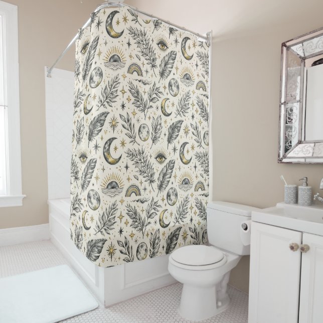 Mystical Celestial Moon Stars Pattern Shower Curtain (In Situ)