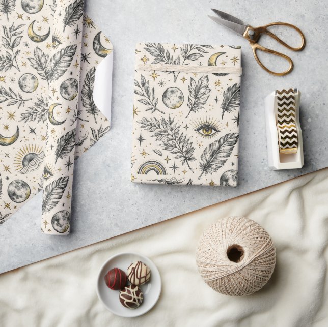 Mystical Celestial Moon Stars Pattern Wrapping Paper (Crafts)