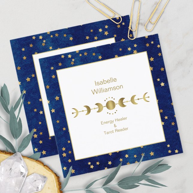 Mystical Celestial Stars Moon Phase Navy Blue Gold Square Business Card (Creator Uploaded)