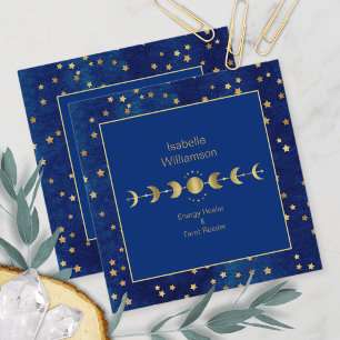 Mystical Celestial Stars Moon Phase Navy Blue Gold Square Business Card