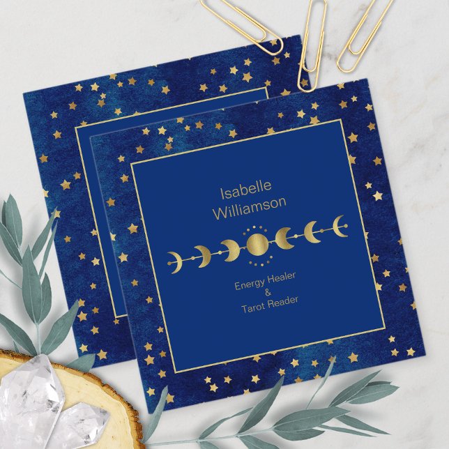 Mystical Celestial Stars Moon Phase Navy Blue Gold Square Business Card (Creator Uploaded)