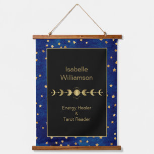 Mystical Celestial Stars Moon Phase Navy Blue Hanging Tapestry
