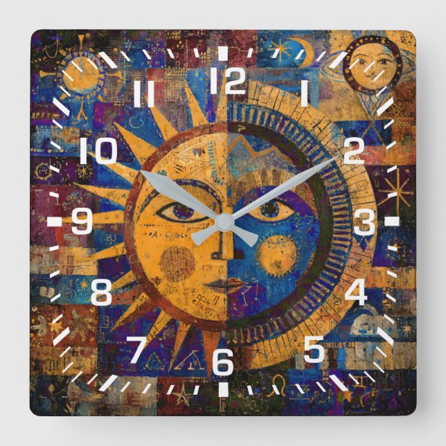 Mystical Celestial Sun Moon Alchemy Square Wall Clock (Front)