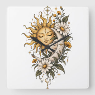 Mystical Celestial Sun Moon and Floral Coffee Mug Square Wall Clock