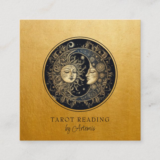Mystical Celestial Sun Moon Tarot Reader Gold Square Business Card (Front)