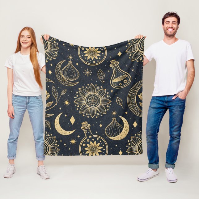 Mystical Celestial Witchcraft - Gold Botanical (2) Fleece Blanket (In Situ)