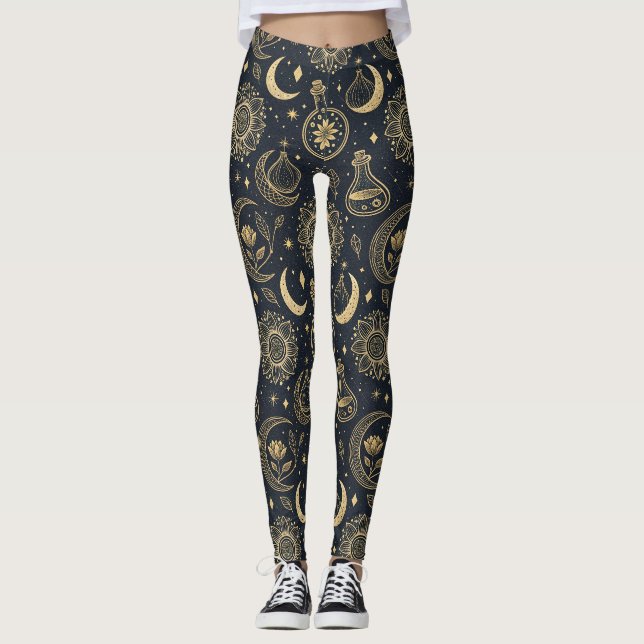 Mystical Celestial Witchcraft - Gold Botanical Leggings (Front)