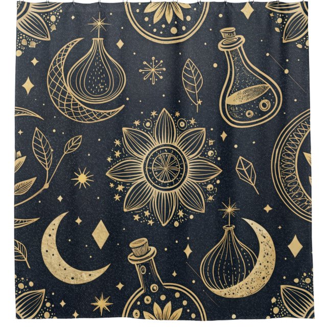 Mystical Celestial Witchcraft - Gold Botanical Shower Curtain (Front)