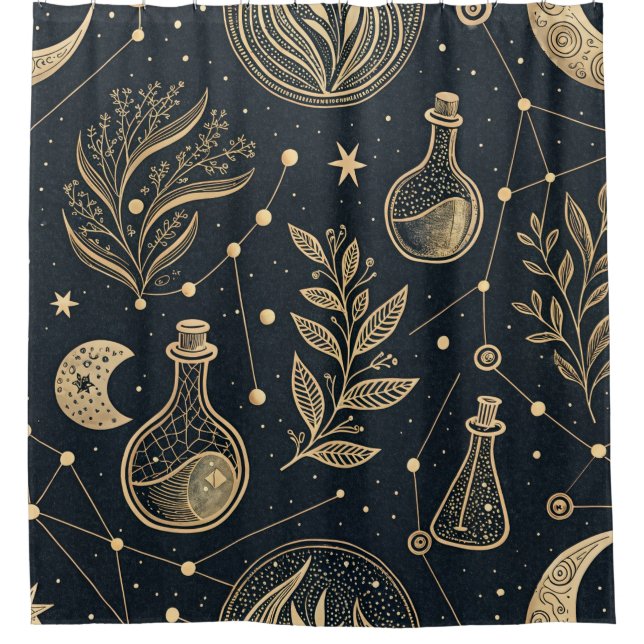Mystical Celestial Witchcraft - Gold Botanical Shower Curtain (Front)