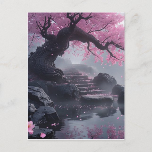 Mystical Cherry Blossom Path – Enchanted Stairway  Postcard (Front)
