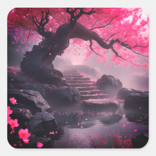 Mystical Cherry Blossom Path – Enchanted Stairway  Square Sticker