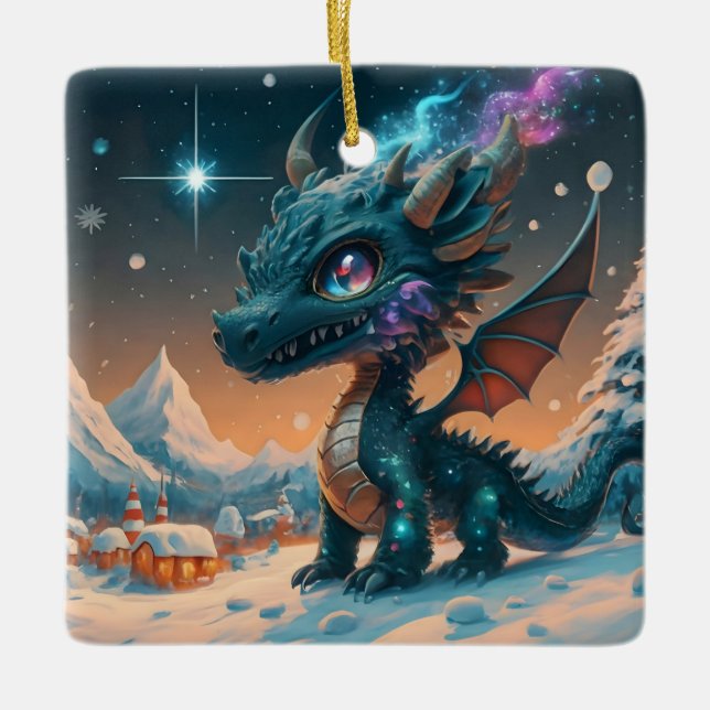 Mystical Chibi Dragon Winter Landscape  Ceramic Ornament (Front)
