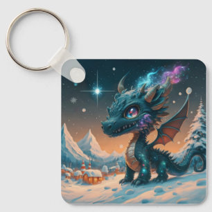 Mystical Chibi Dragon Winter Landscape Key Ring