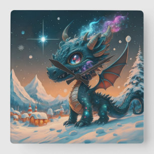 Mystical Chibi Dragon Winter Landscape  Square Wall Clock