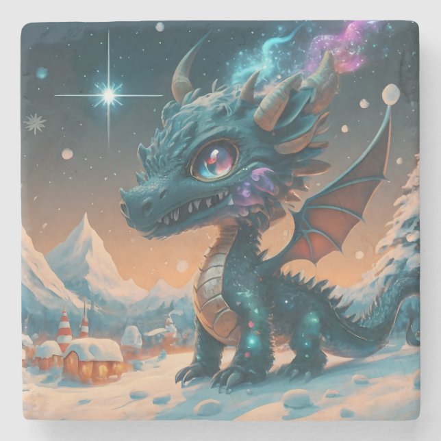 Mystical Chibi Dragon Winter Landscape  Stone Coaster (Front)